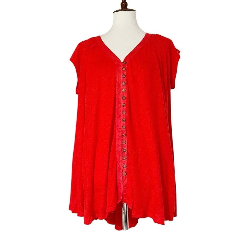 Free‎ People Highland V-Neck Linen Blend T-Shirt in Red Size XS